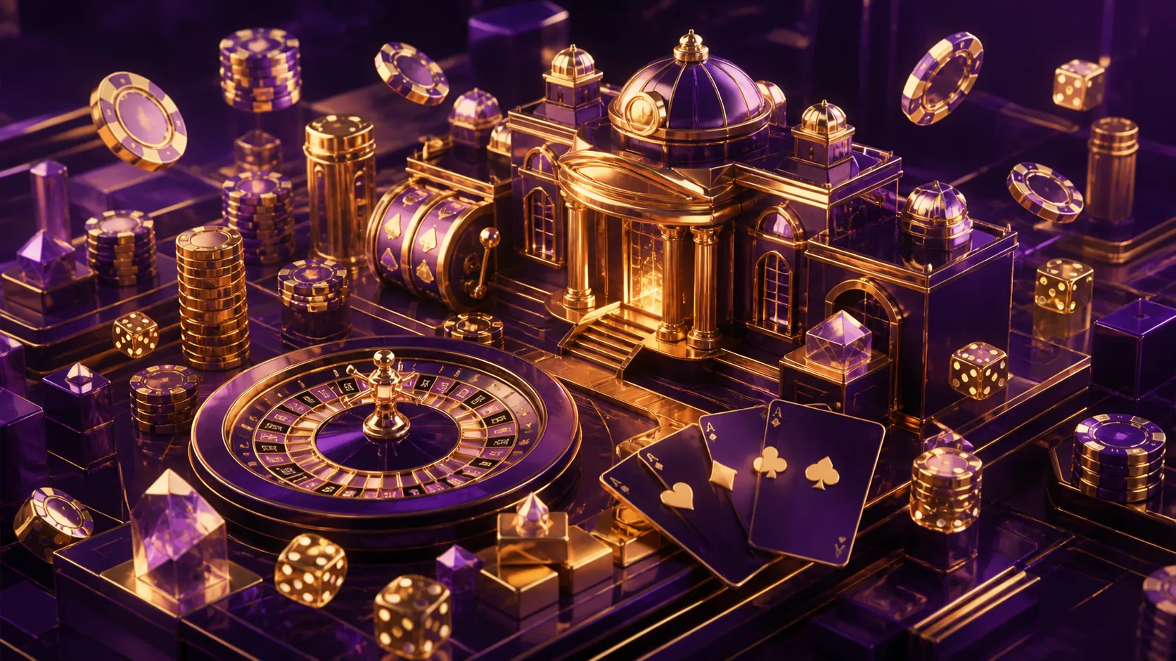 Luxury casino themed glossy 3D render for Gtbet, featuring poker chips, fanned playing cards, and roulette wheel highlighting